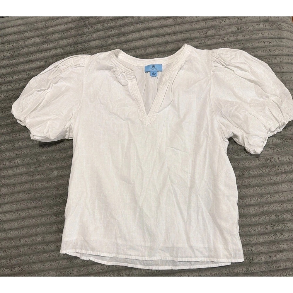 CeCe Blouse Top V Neck 100% Cotton Puff Sleeve Short Capsule Women's Size Large